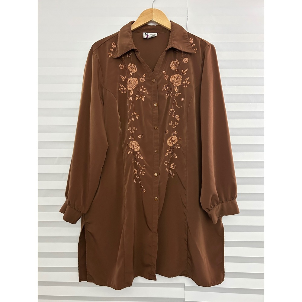 Maggie Sweet Brown Floral Embroidered Button Up Tunic Blouse 1X 6755